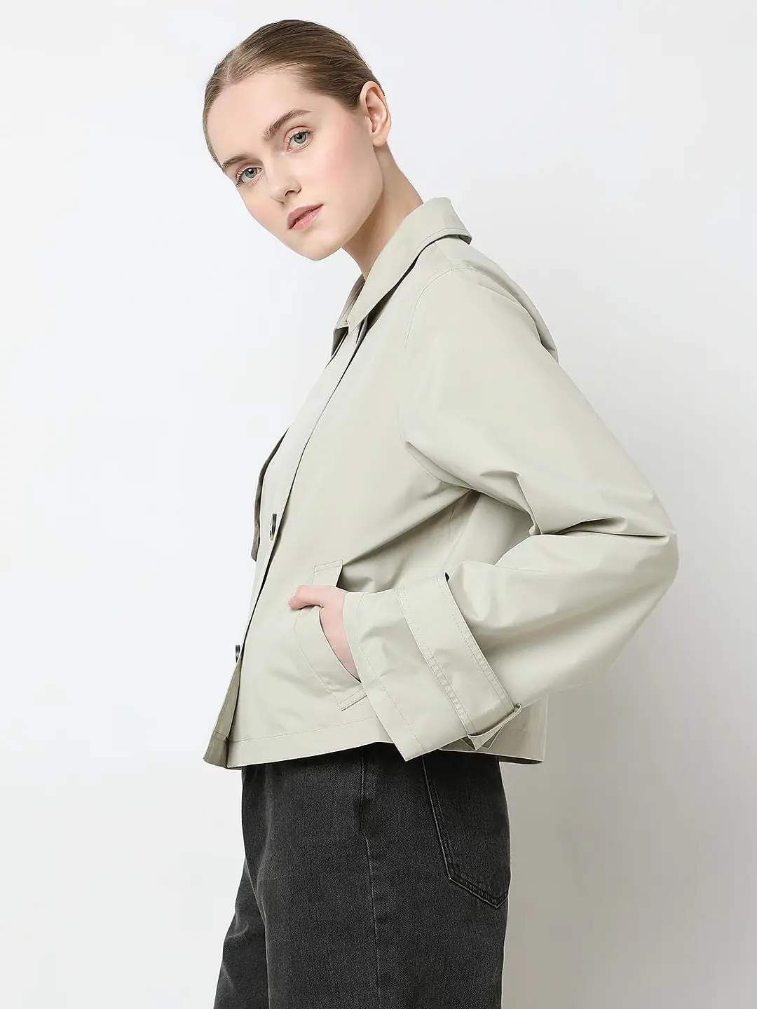 Beige Short Trench Coat view 3