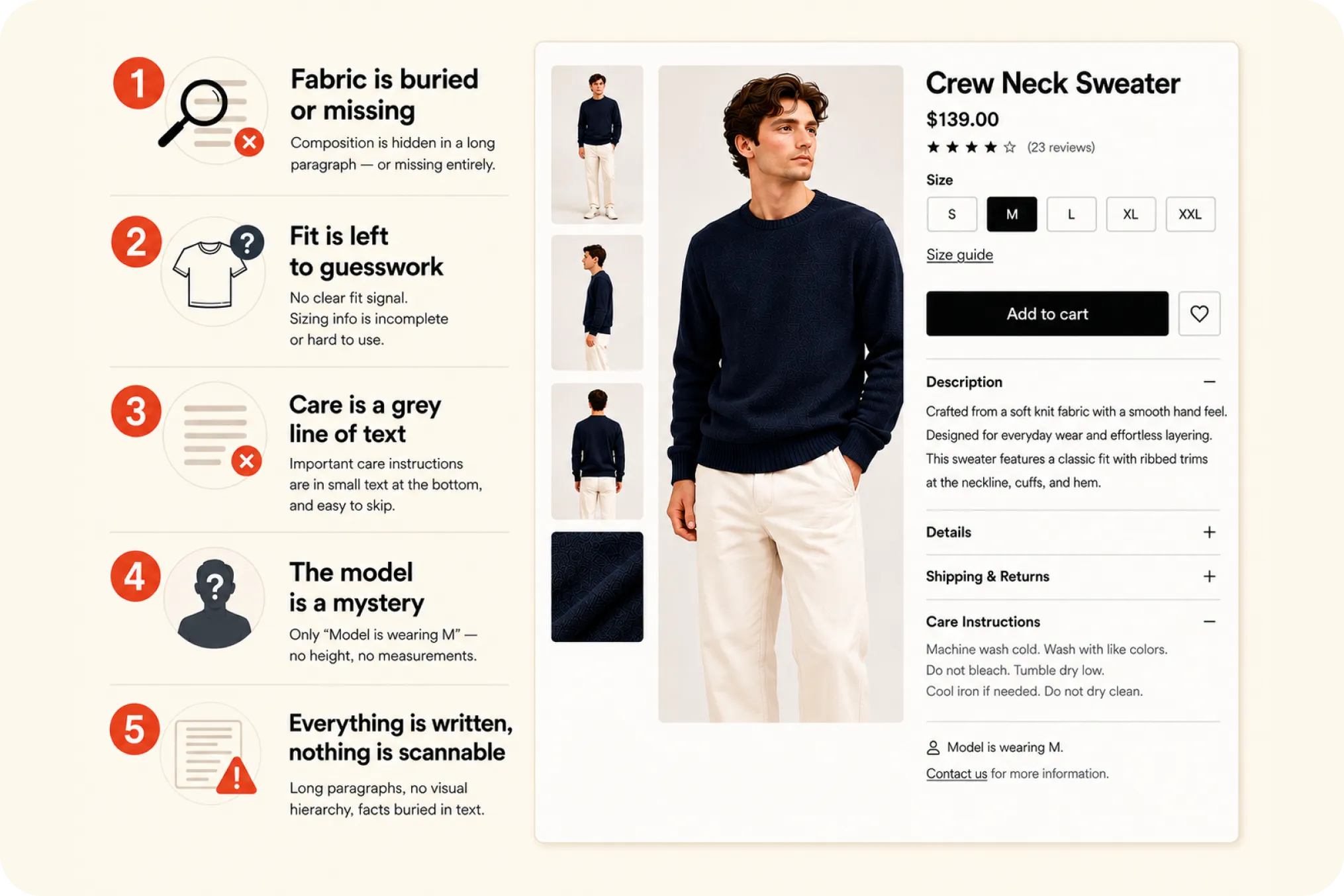 A conceptual illustration on a warm off-white background with a large forest-green '90%' and the caption 'of apparel sites fail to let shoppers assess fit', beside five small product-page tiles — four greyed out and crossed for fabric, fit, care, and model, and one highlighted