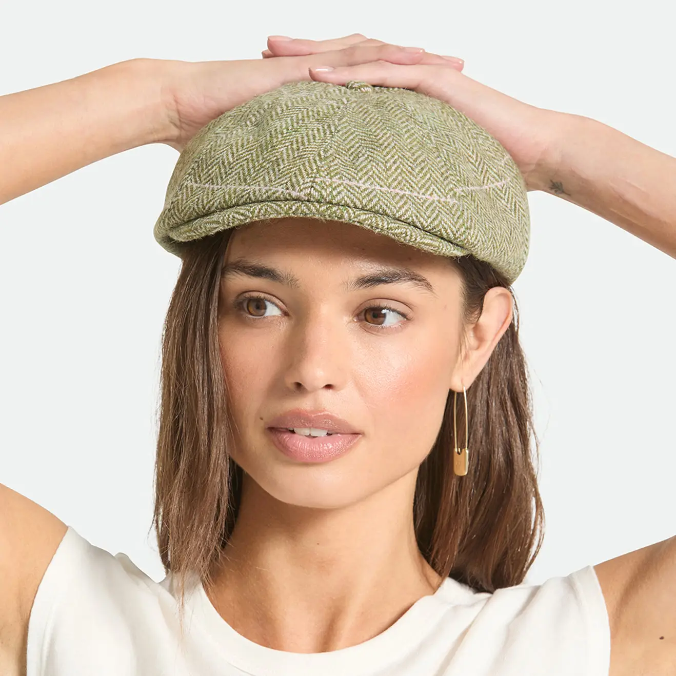 Brixton Hats Brood Herringbone Lightweight Newsboy Cap - Green-Sand-Pink view 4