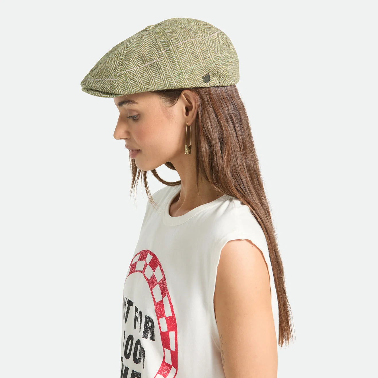 Brixton Hats Brood Herringbone Lightweight Newsboy Cap - Green-Sand-Pink image 5