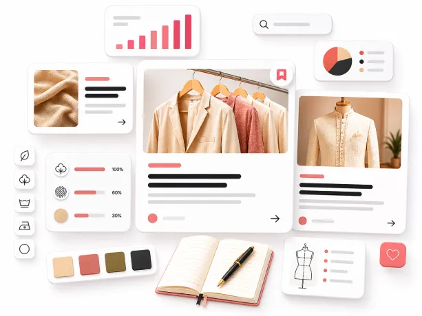 StyleImprint fashion product page mockup with fabric bars, care icons, and editorial layout