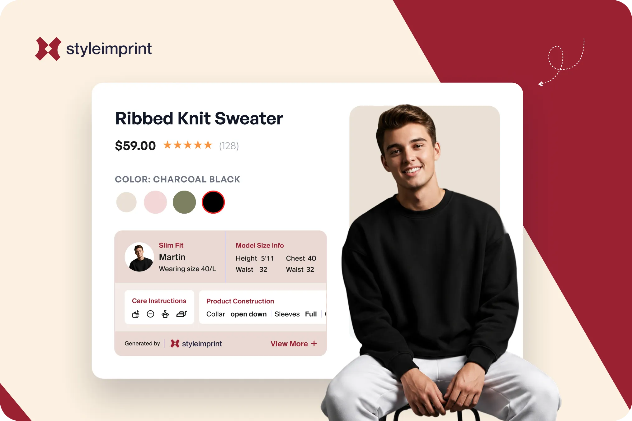 A sparse 'Model is wearing size M' line beside a complete model measurement strip showing height, chest, waist, hip, and size worn