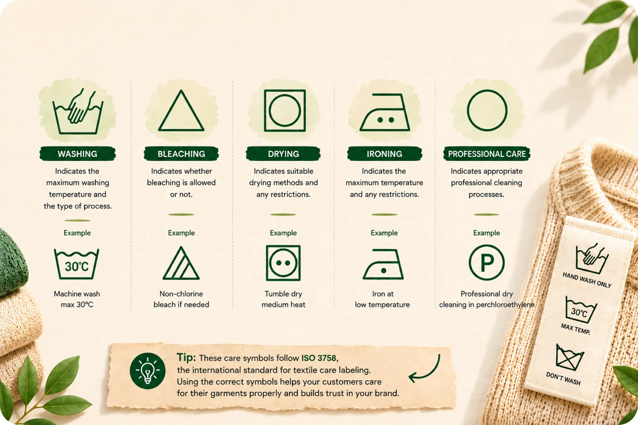 ISO 3758 care symbols shown as a clean visual row beside a skipped paragraph of grey care text