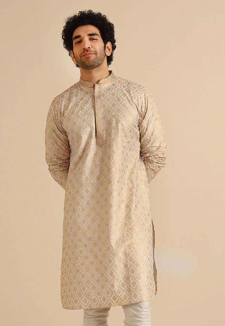 Beige Silk Blend Kurta with Intricate Woven Design and Mandarin Collar image 1