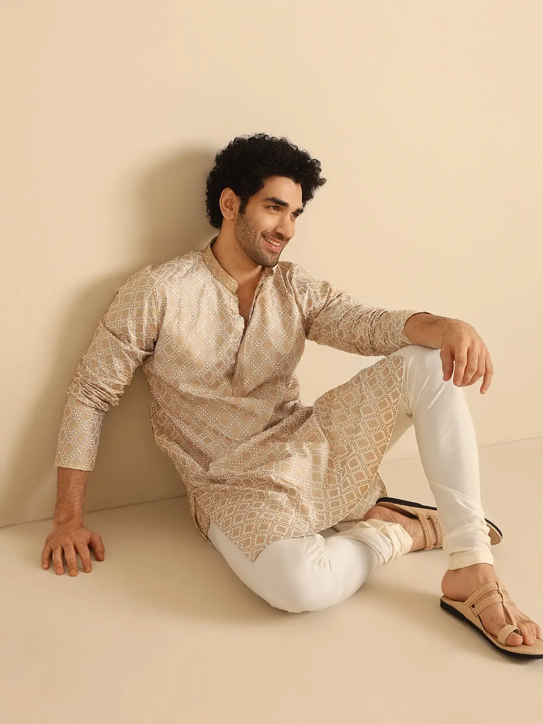 Beige Silk Blend Kurta with Intricate Woven Design and Mandarin Collar view 2