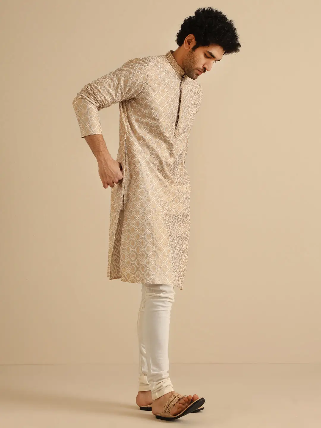 Beige Silk Blend Kurta with Intricate Woven Design and Mandarin Collar view 3