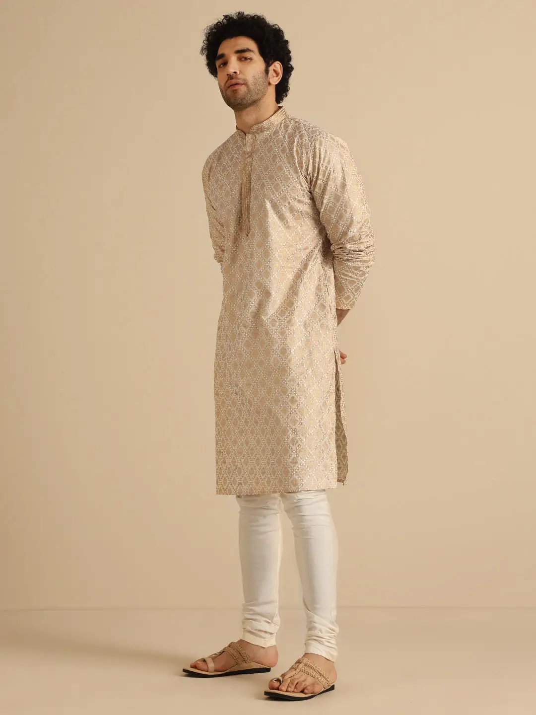 Beige Silk Blend Kurta with Intricate Woven Design and Mandarin Collar view 4