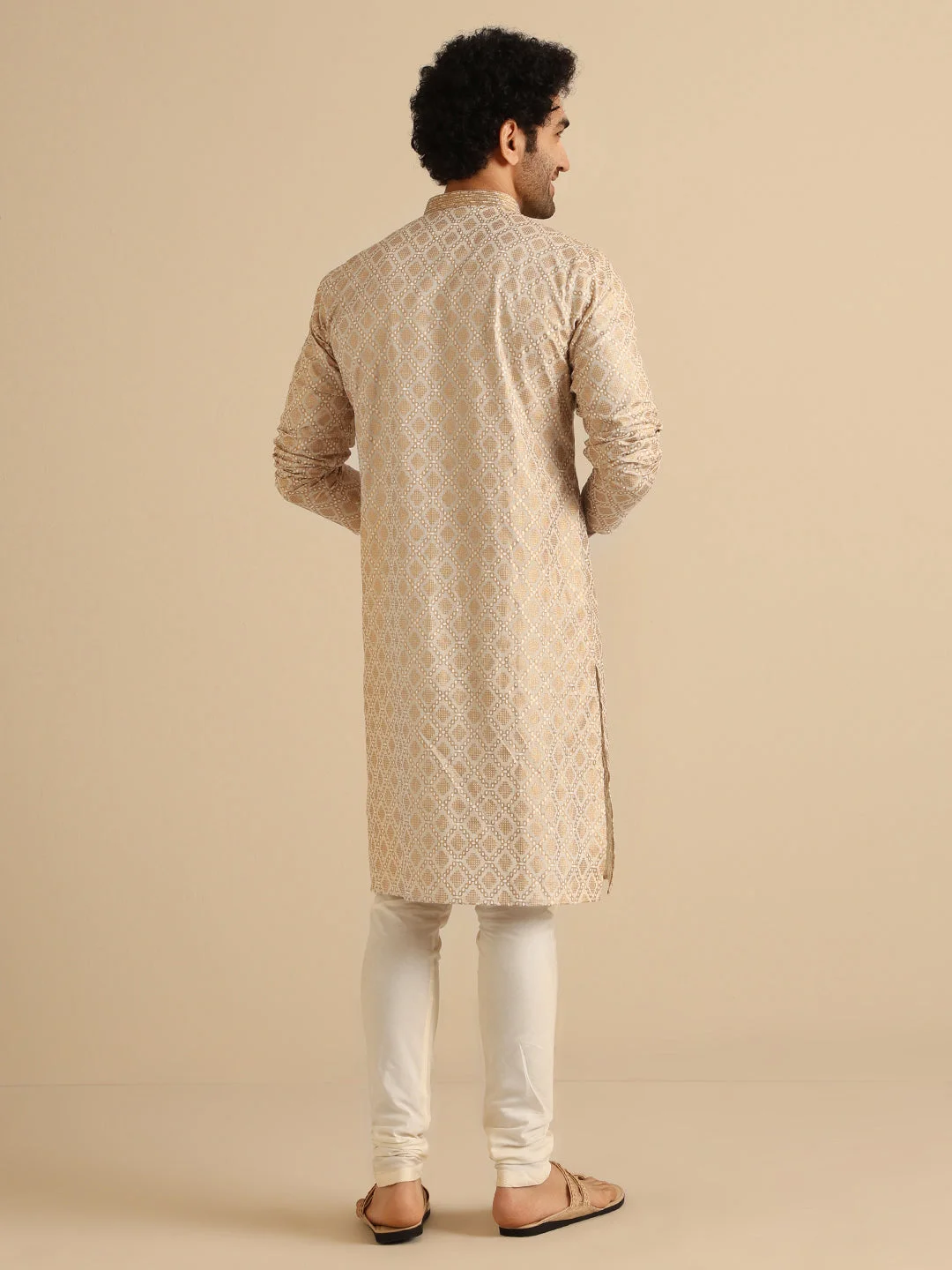 Beige Silk Blend Kurta with Intricate Woven Design and Mandarin Collar image 5