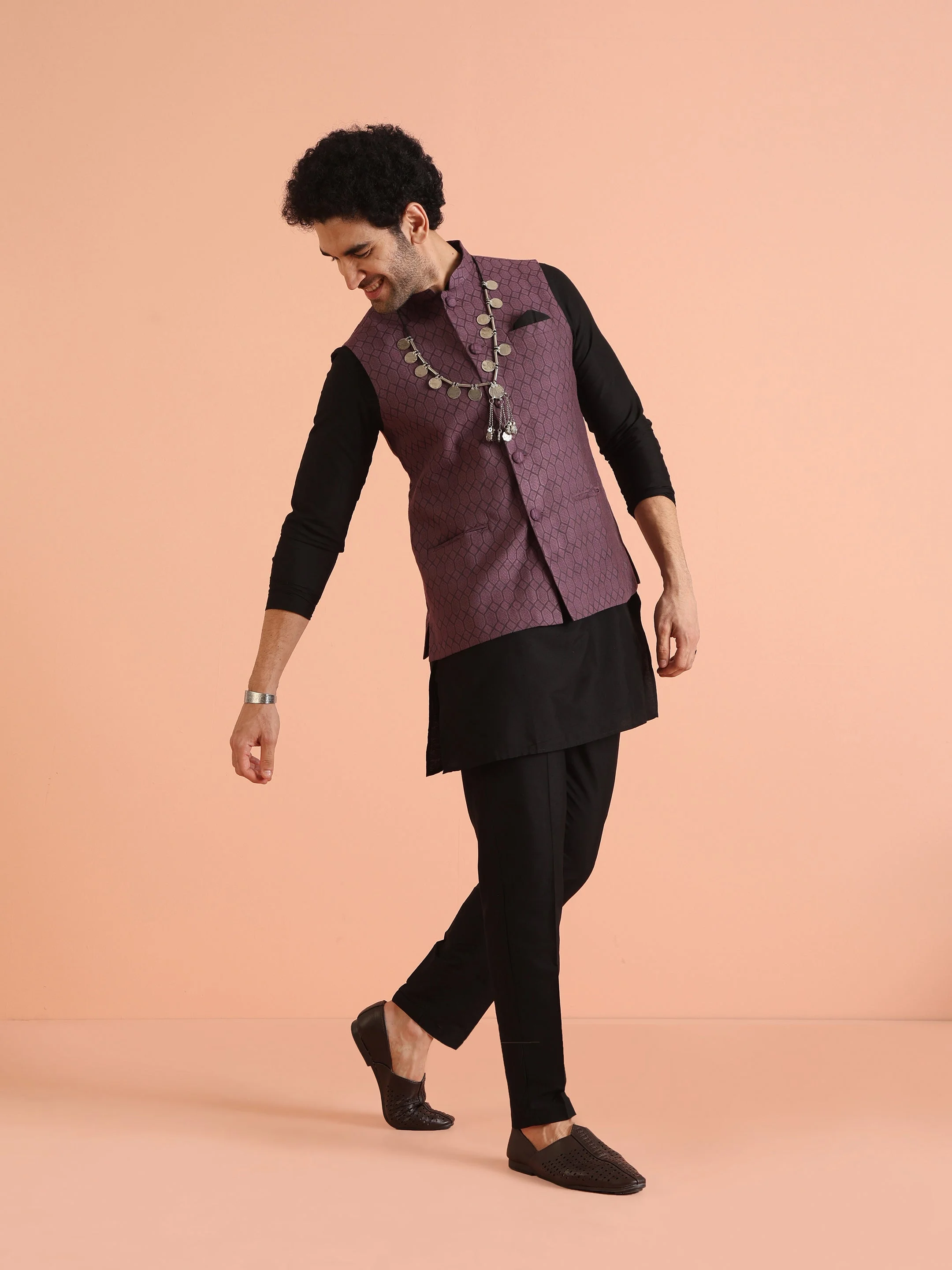 Purple Silk Blend Geometric Nehru Jacket image 2