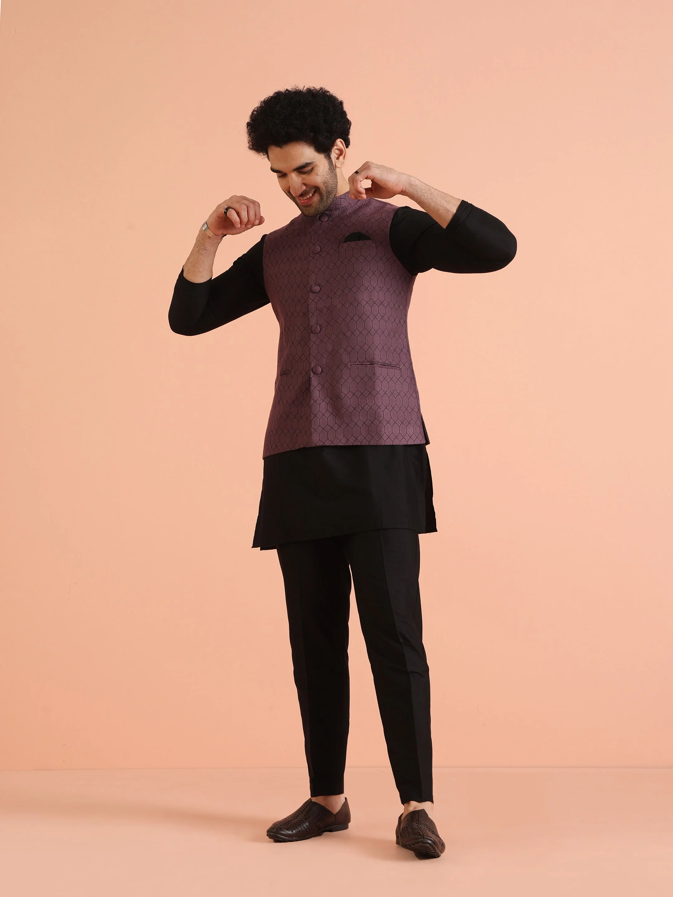 Purple Silk Blend Geometric Nehru Jacket image 3