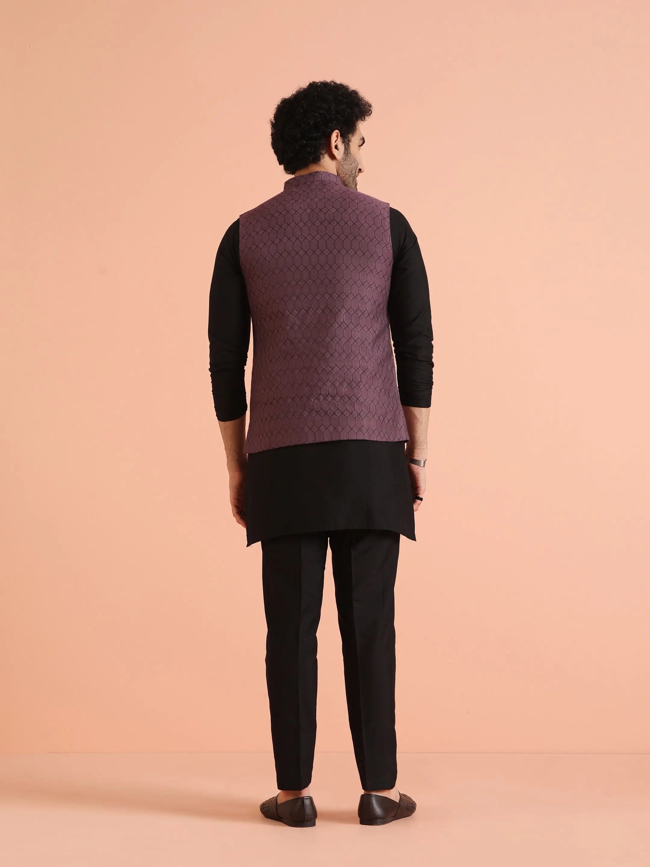 Purple Silk Blend Geometric Nehru Jacket view 4