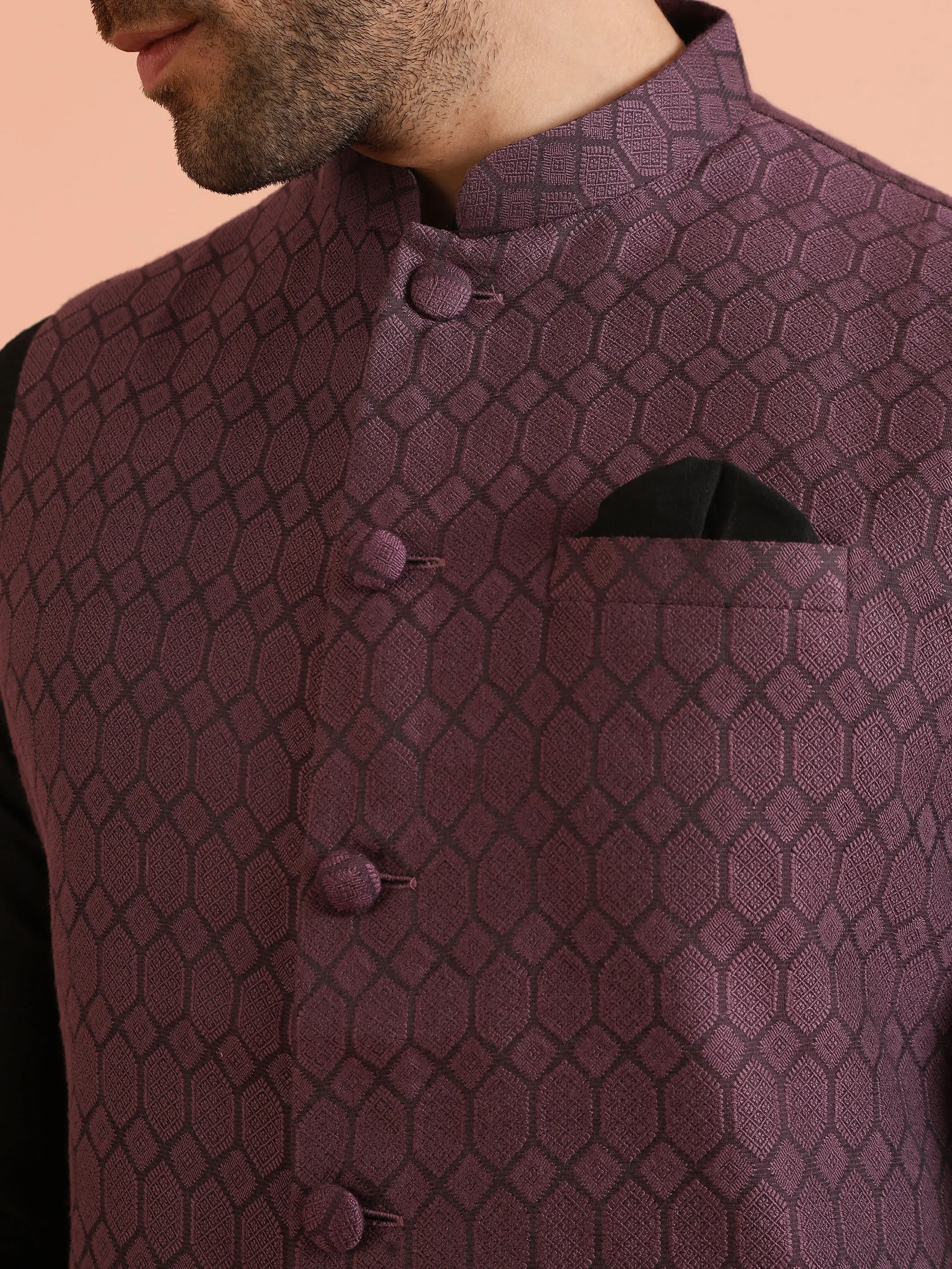 Purple Silk Blend Geometric Nehru Jacket view 5