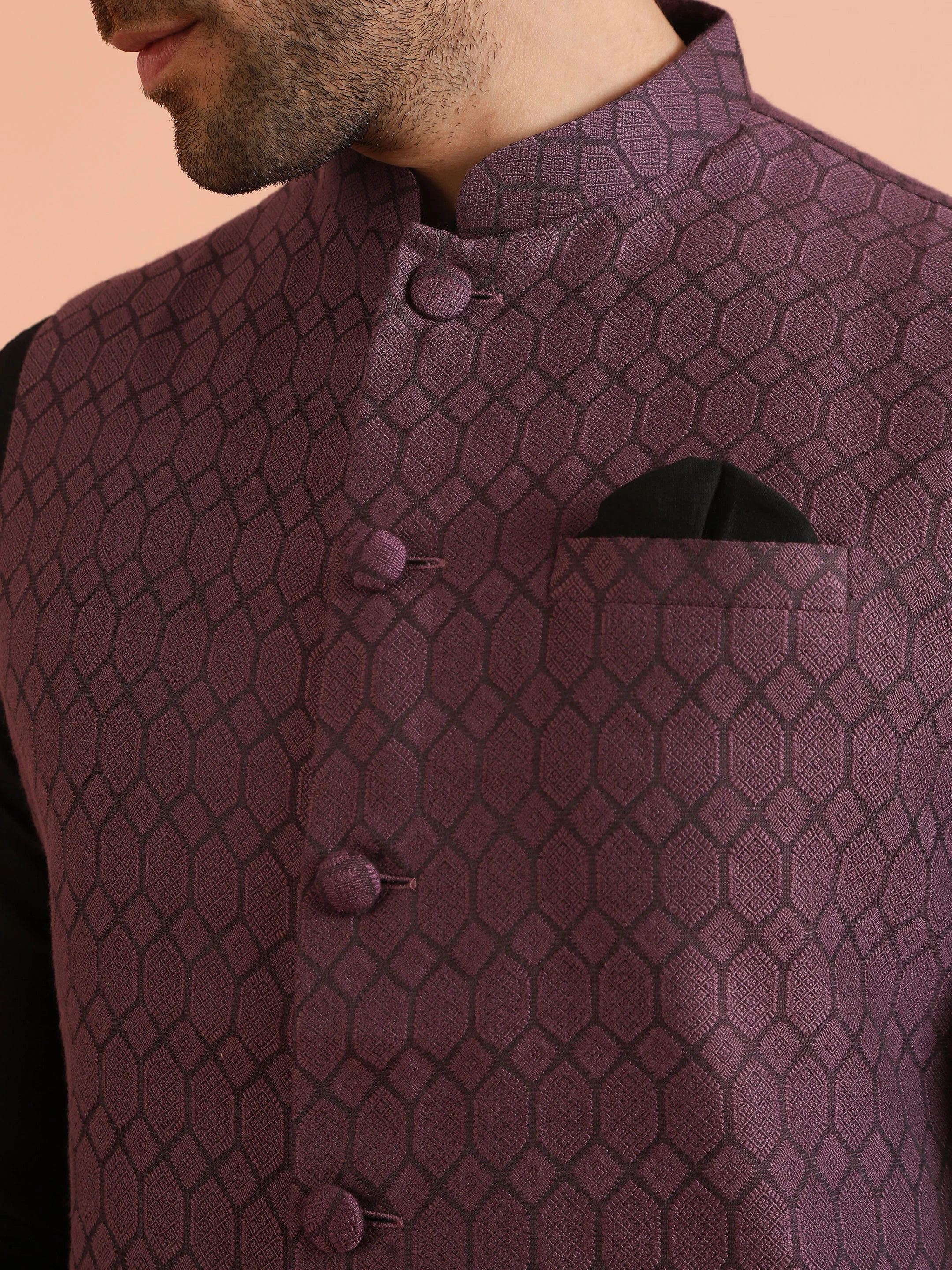 Purple Silk Blend Geometric Nehru Jacket image 5