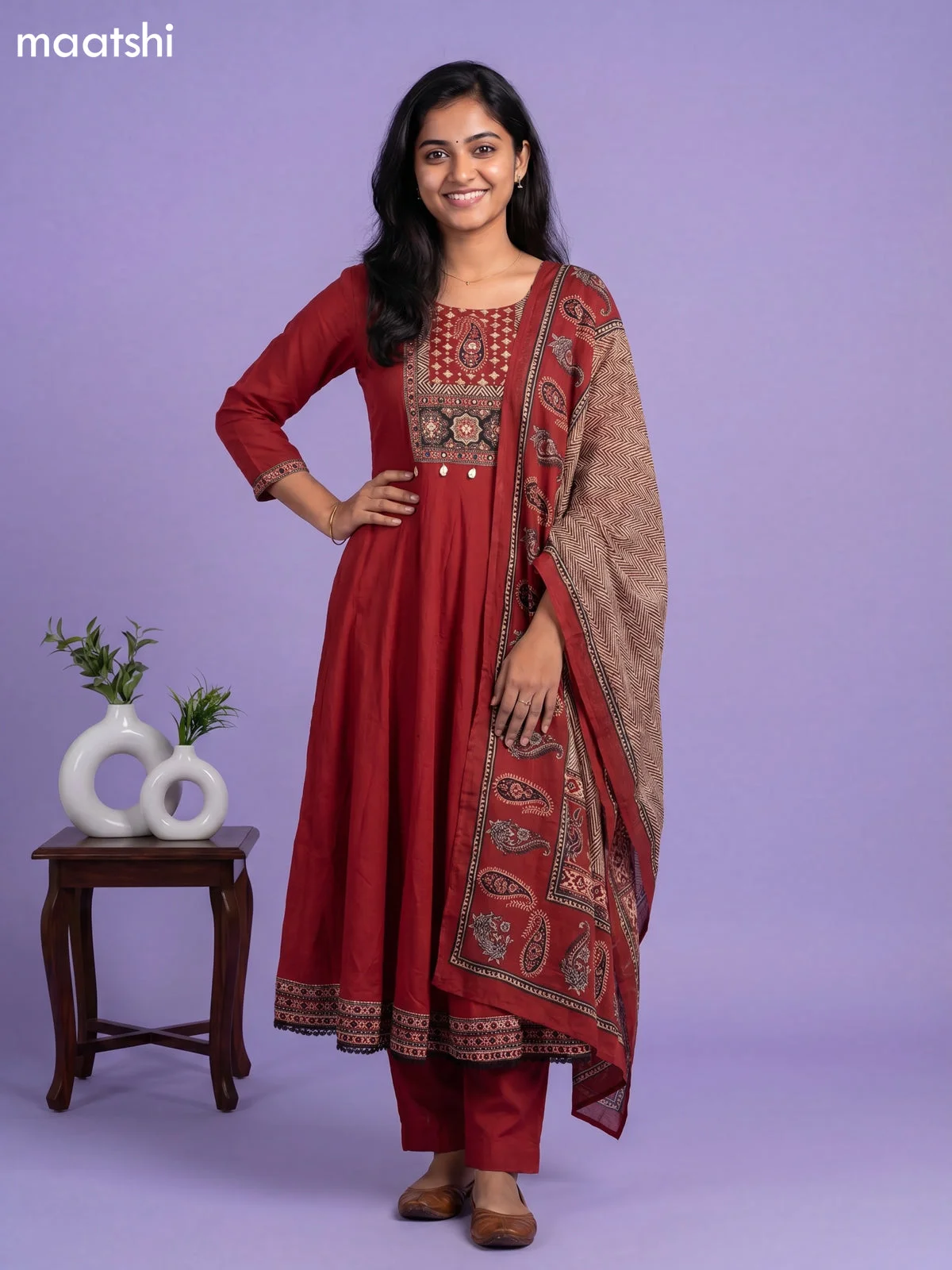 Maroon Anarkali Cotton Suit image 1