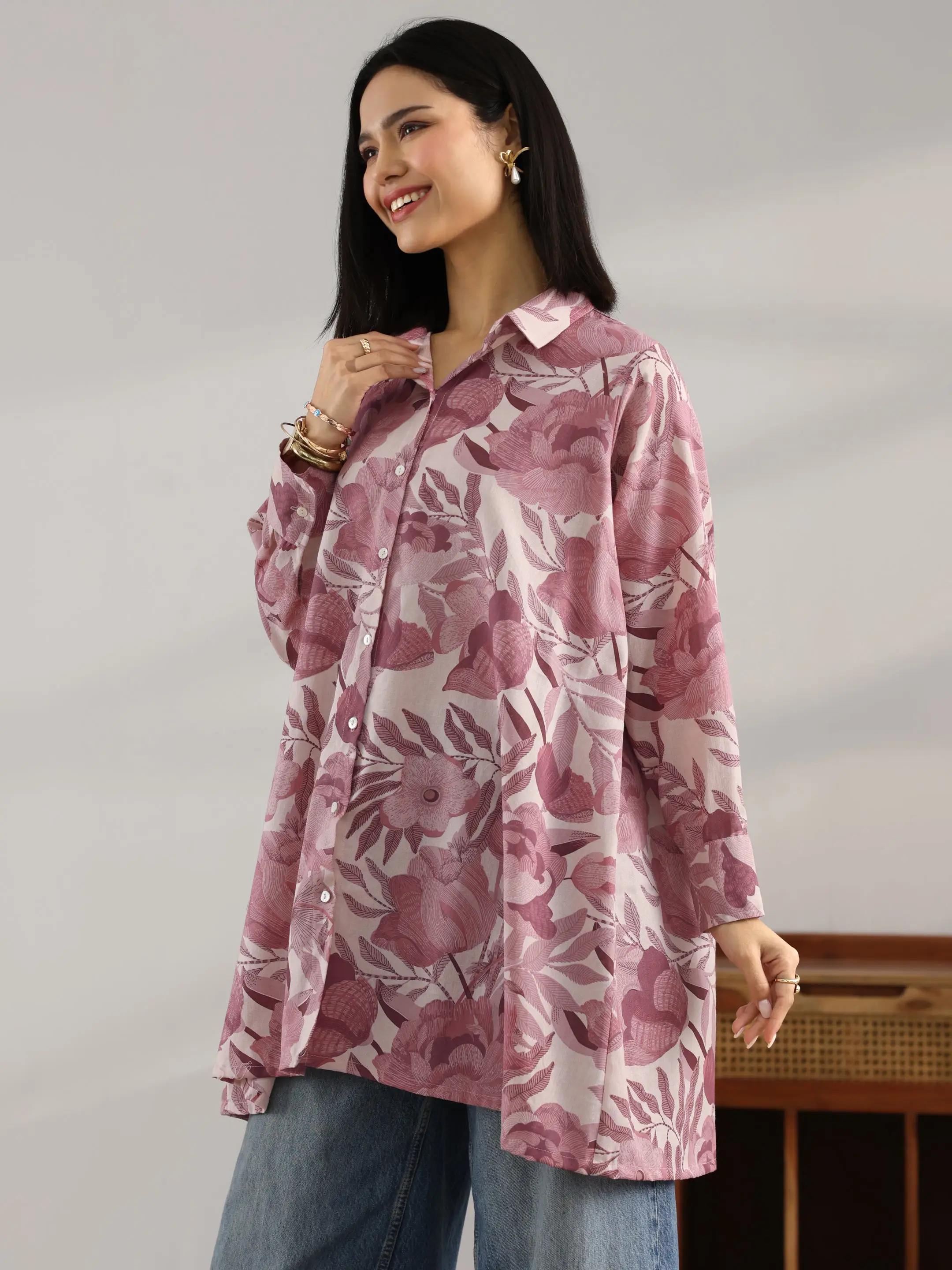 Mauve Printed Cotton A-Line Shorti Kurti view 2