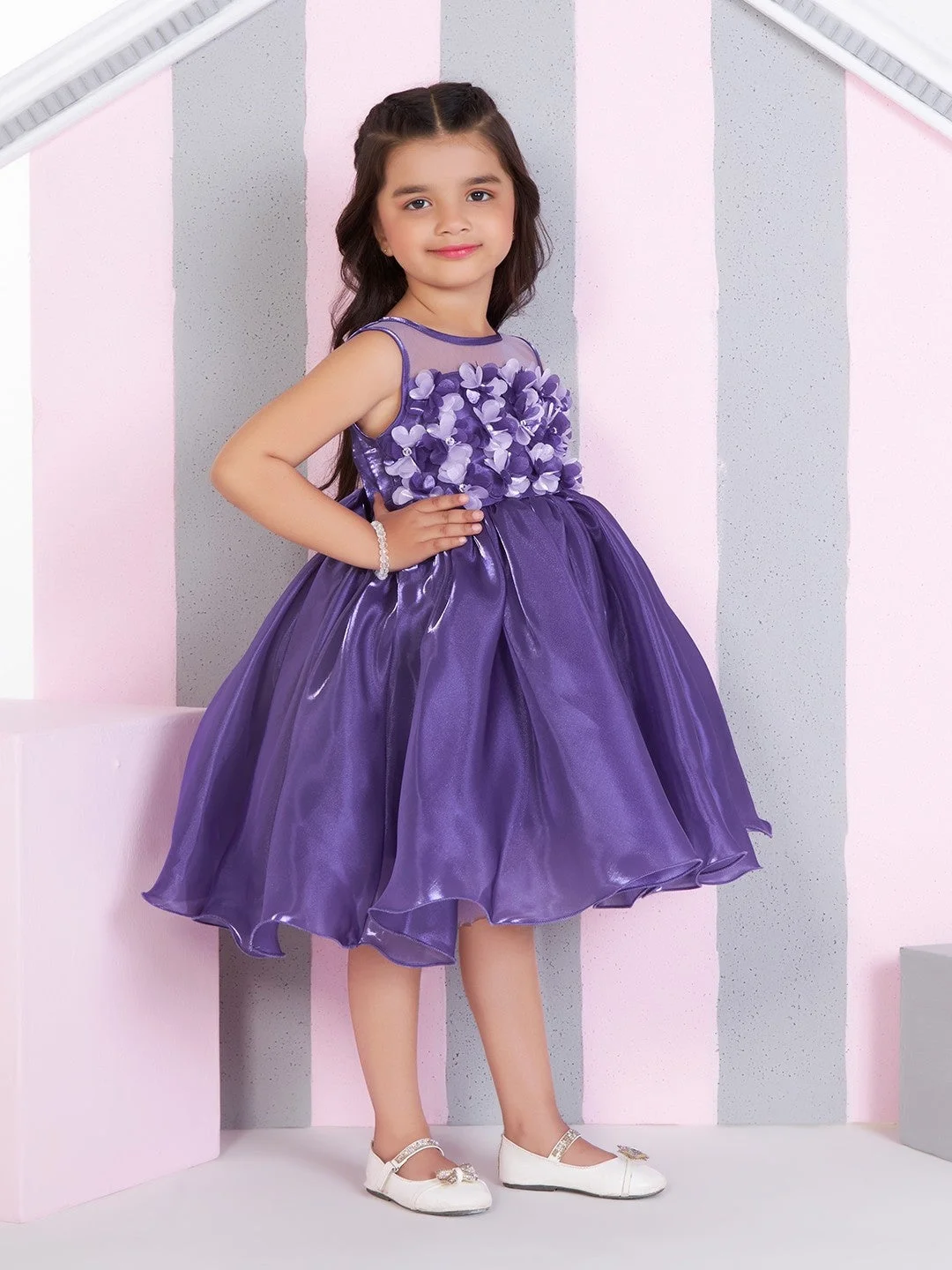 Ministitch Satin WovEn Sleevless 3d Floral Twotone Applique Dress - Purple image 4
