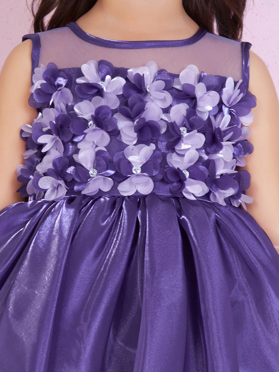 Ministitch Satin WovEn Sleevless 3d Floral Twotone Applique Dress - Purple image 5