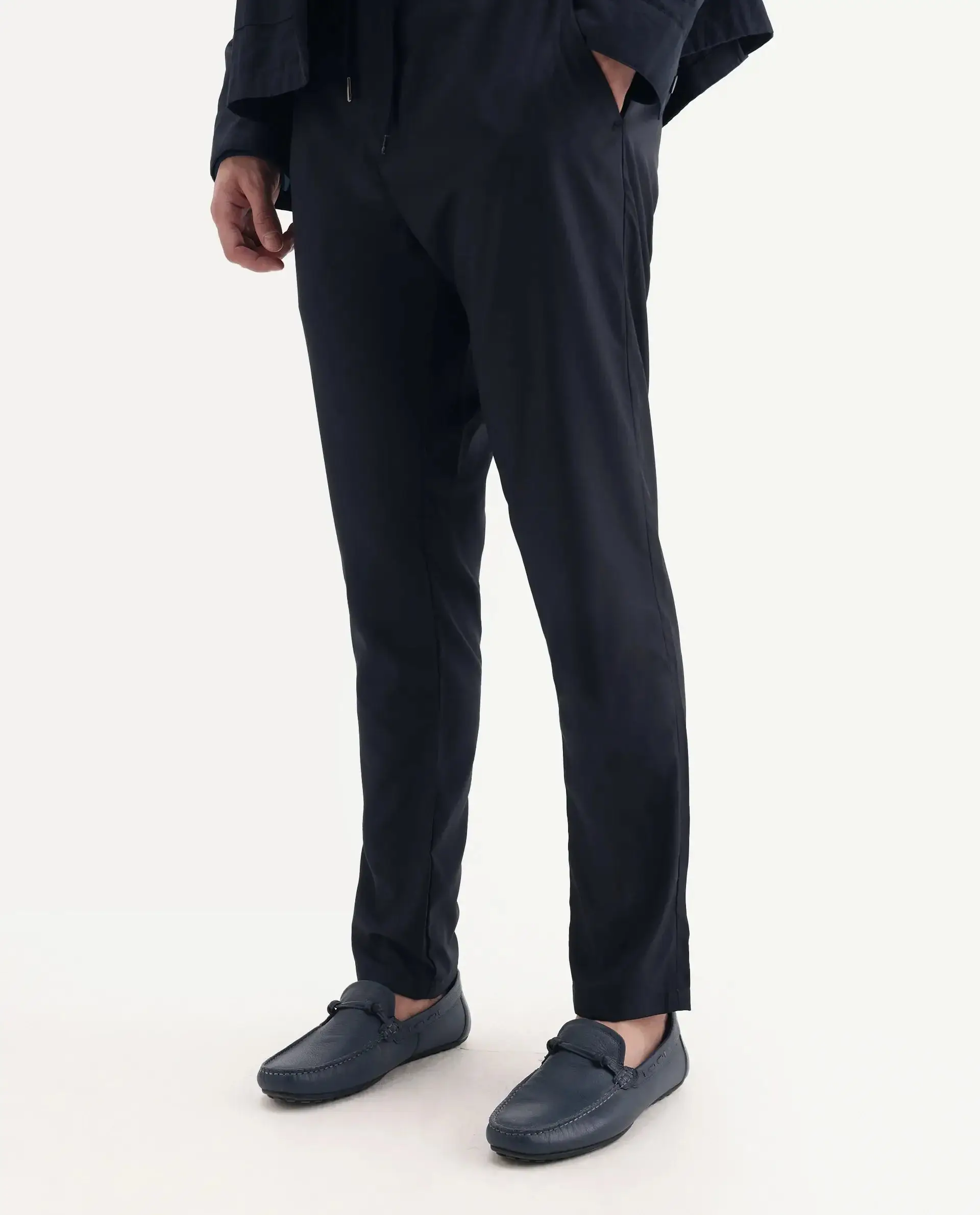 Rare Rabbit Men's Nimb Navy Polyester Fabric Drawstring And Button Closure High Rise Regular Fit Solid Trousers view 2