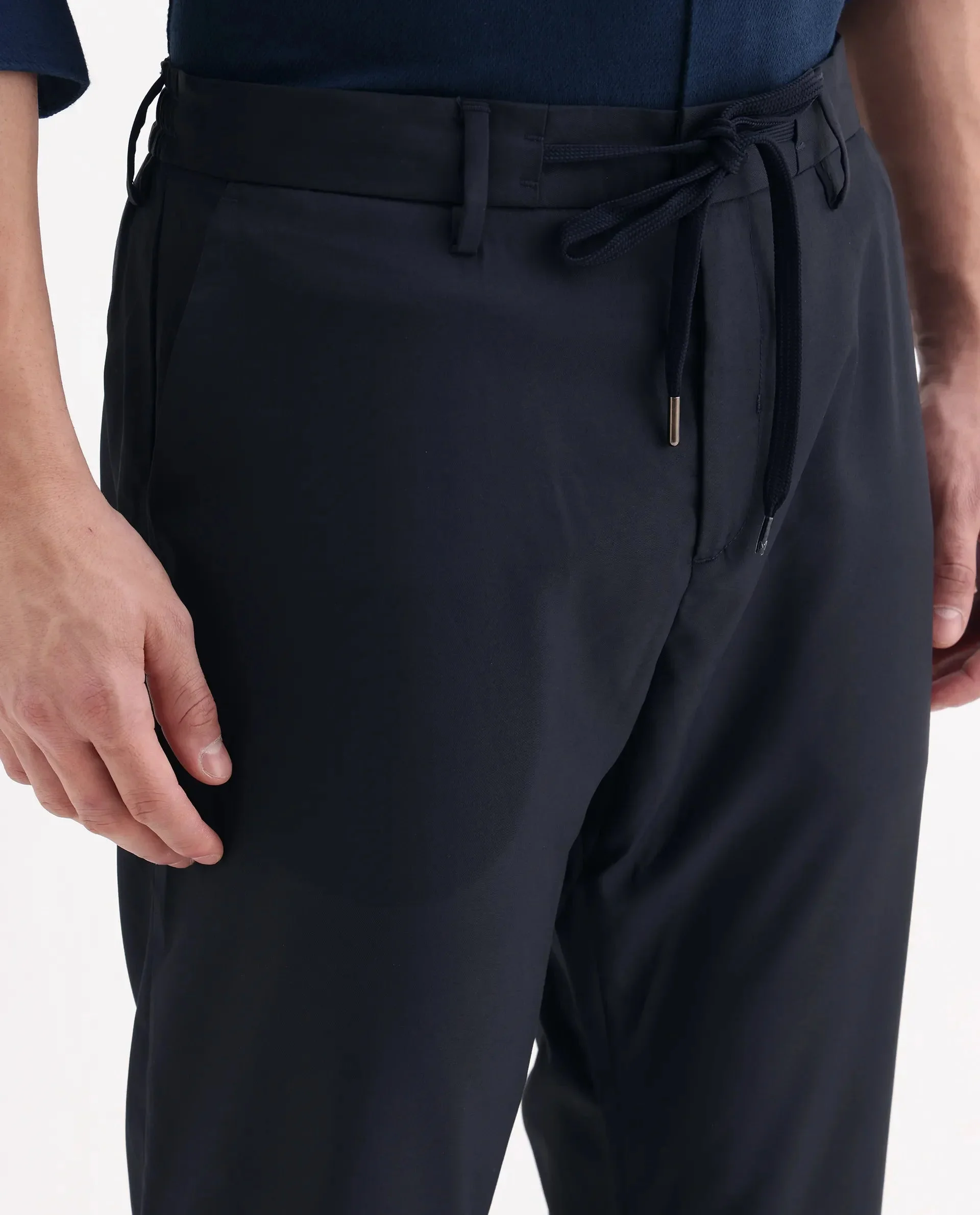 Rare Rabbit Men's Nimb Navy Polyester Fabric Drawstring And Button Closure High Rise Regular Fit Solid Trousers image 3