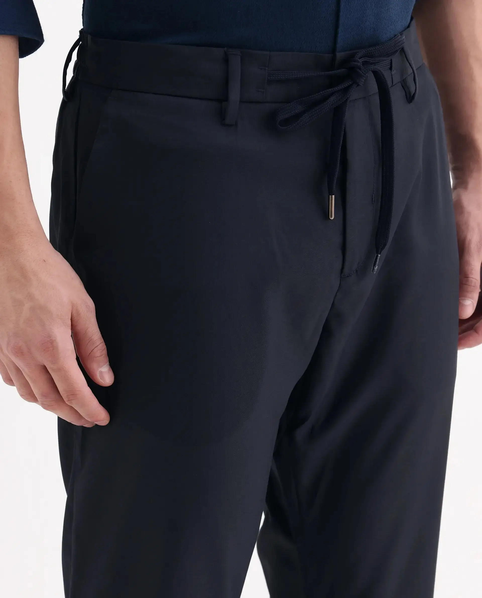 Rare Rabbit Men's Nimb Navy Polyester Fabric Drawstring And Button Closure High Rise Regular Fit Solid Trousers view 3
