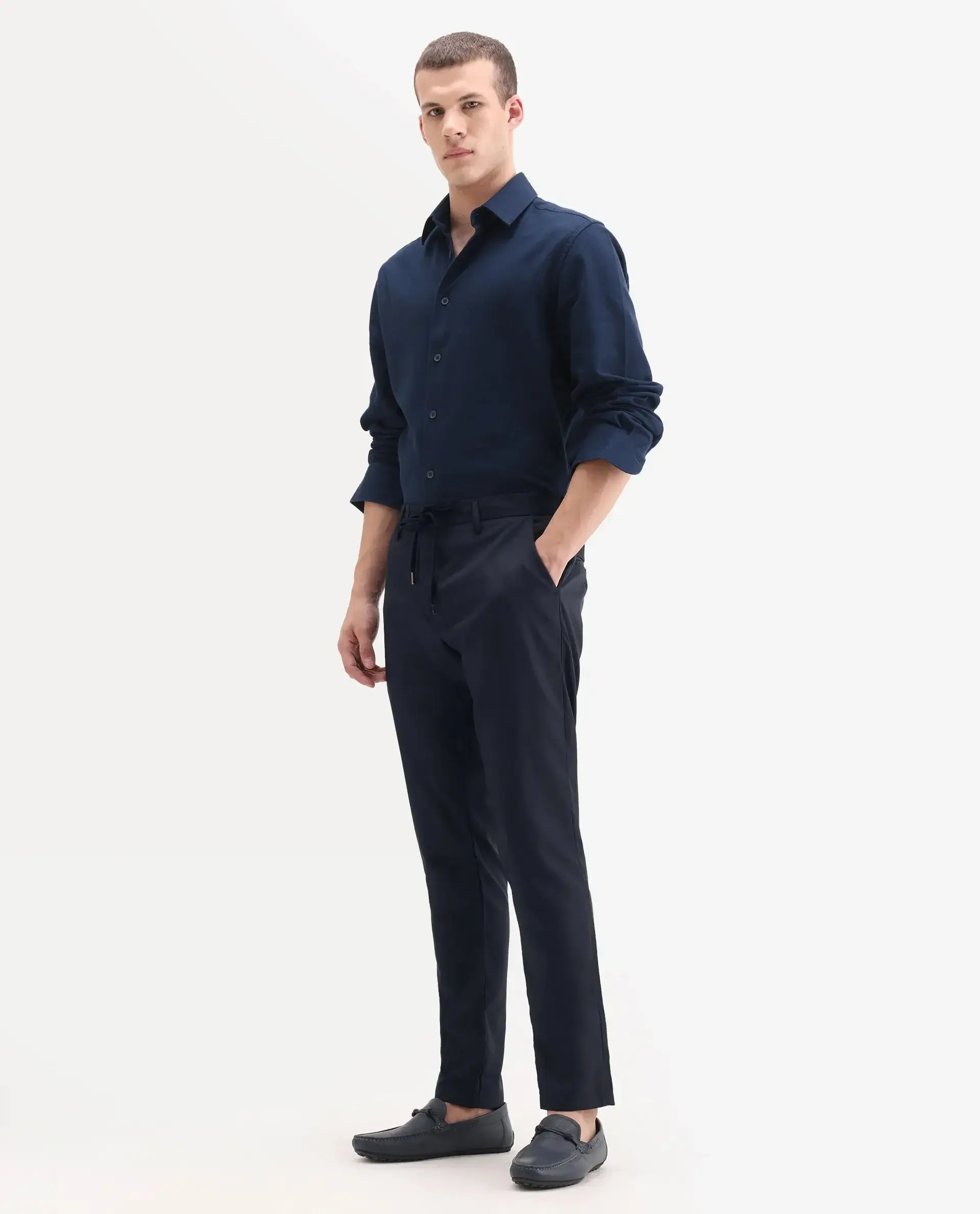 Rare Rabbit Men's Nimb Navy Polyester Fabric Drawstring And Button Closure High Rise Regular Fit Solid Trousers view 4
