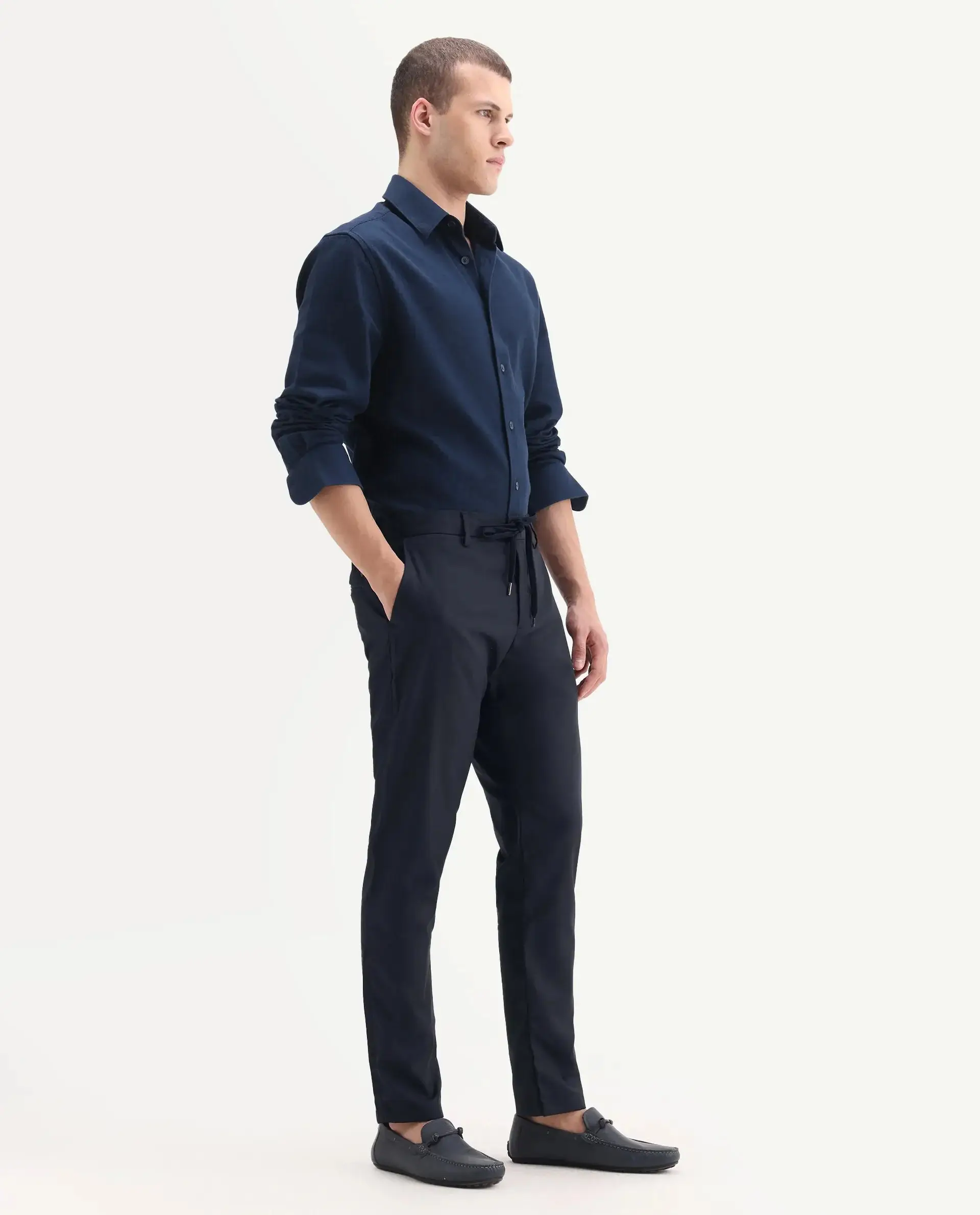 Rare Rabbit Men's Nimb Navy Polyester Fabric Drawstring And Button Closure High Rise Regular Fit Solid Trousers view 5