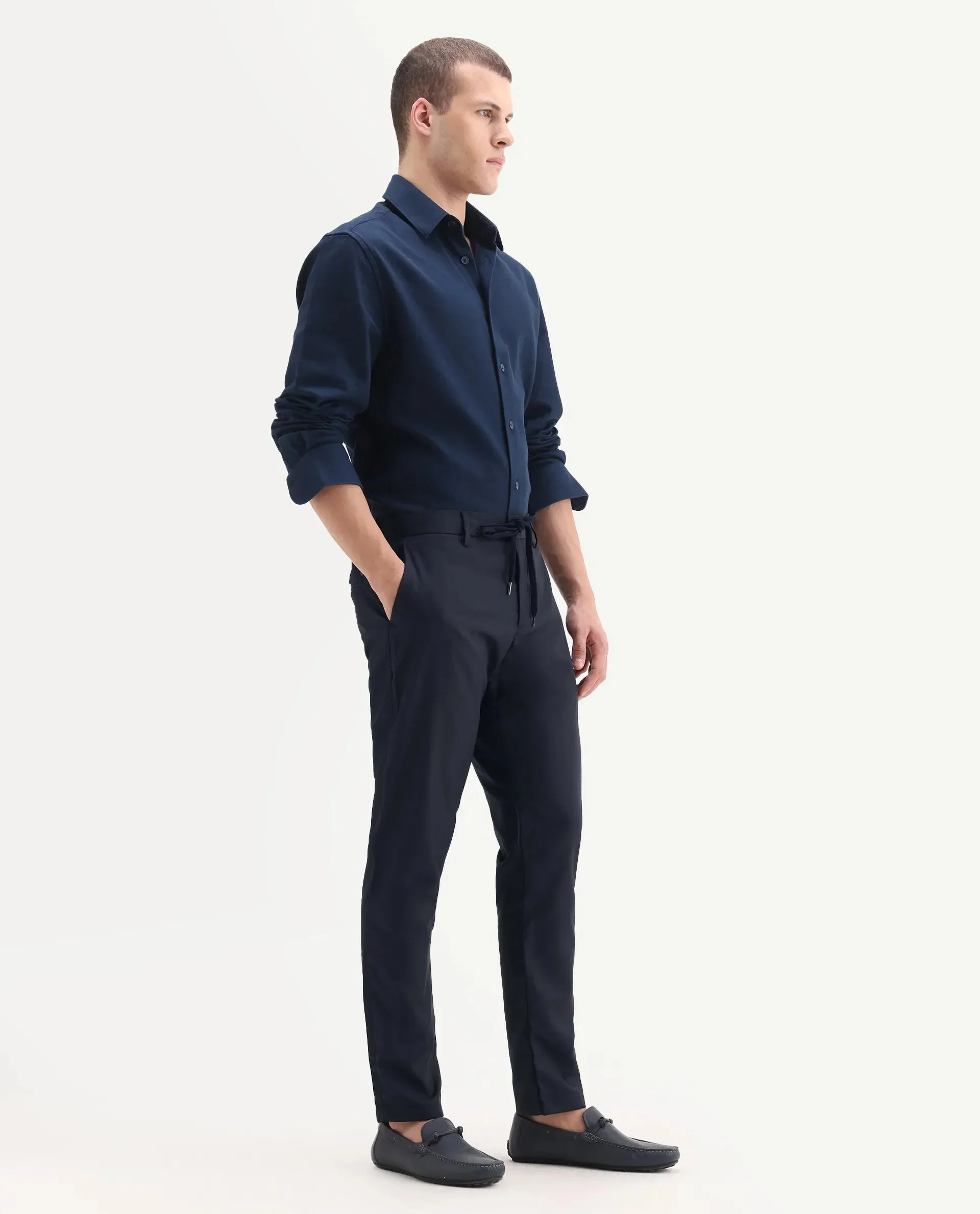 Rare Rabbit Men's Nimb Navy Polyester Fabric Drawstring And Button Closure High Rise Regular Fit Solid Trousers image 5