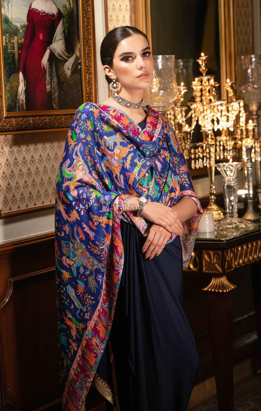Pashtush womens Bamboo Stole, Shikardar design, Blue image 1
