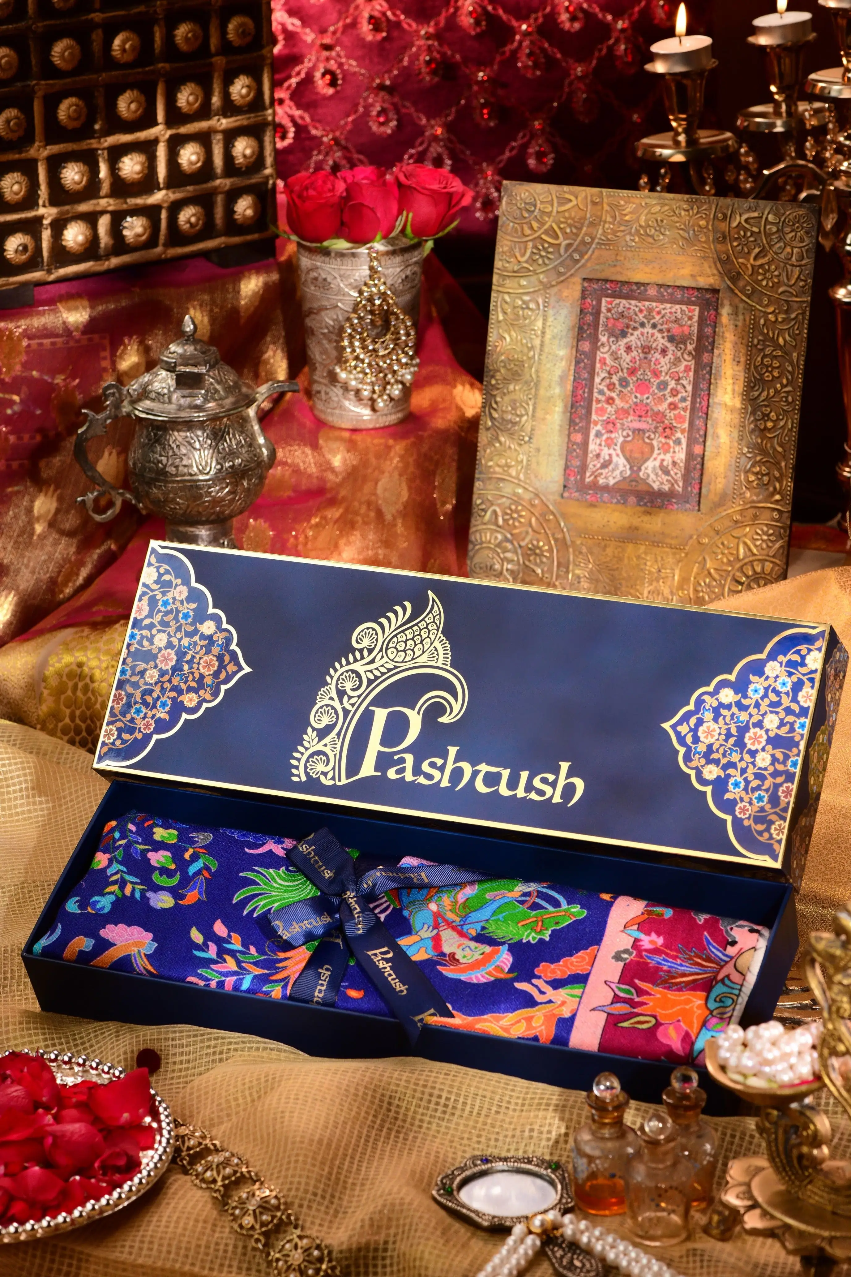 Pashtush womens Bamboo Stole, Shikardar design, Blue view 2