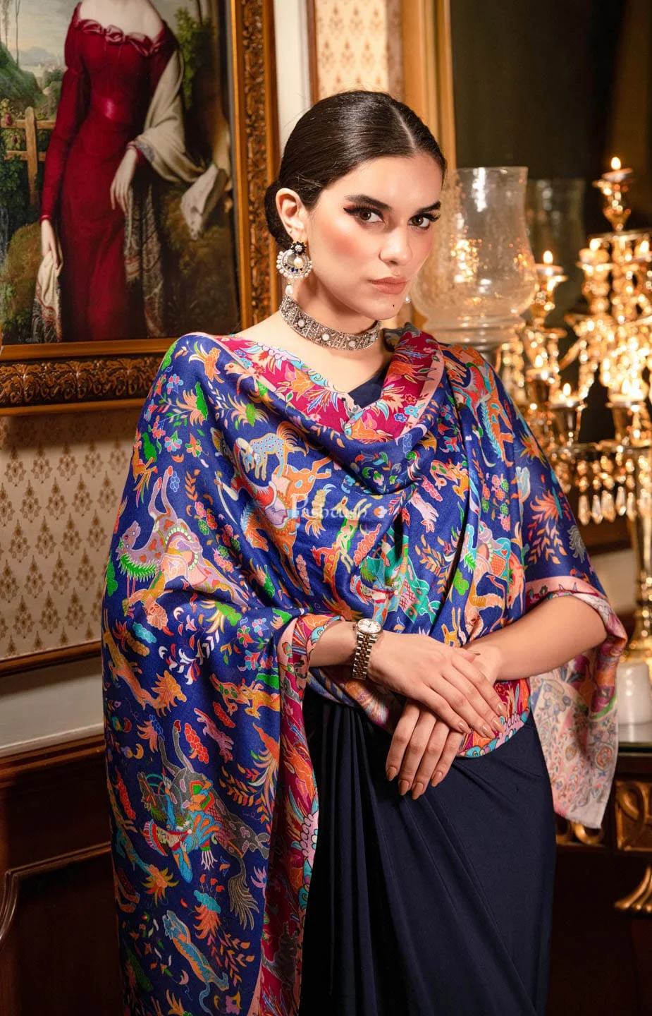 Pashtush womens Bamboo Stole, Shikardar design, Blue image 3