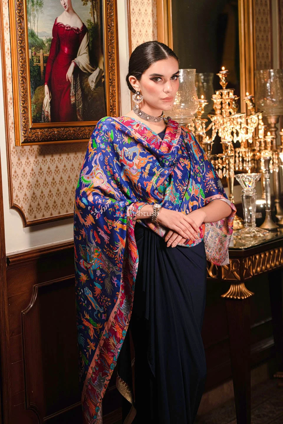 Pashtush womens Bamboo Stole, Shikardar design, Blue image 4