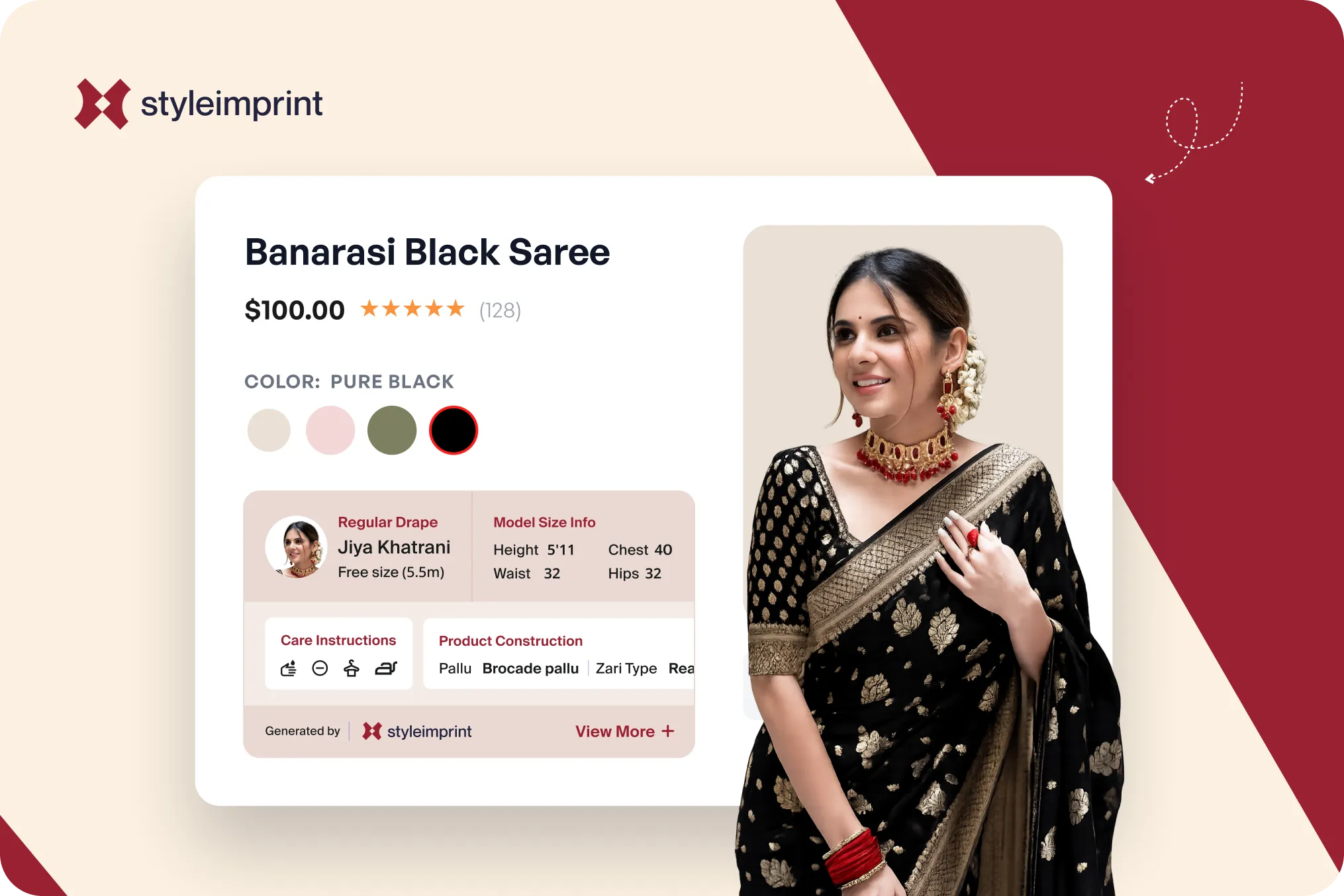 A faded saree product page showing only fabric and price beside an enriched page with seven labeled blocks for fabric, weave, length, blouse piece, pallu and border, occasion, and care
