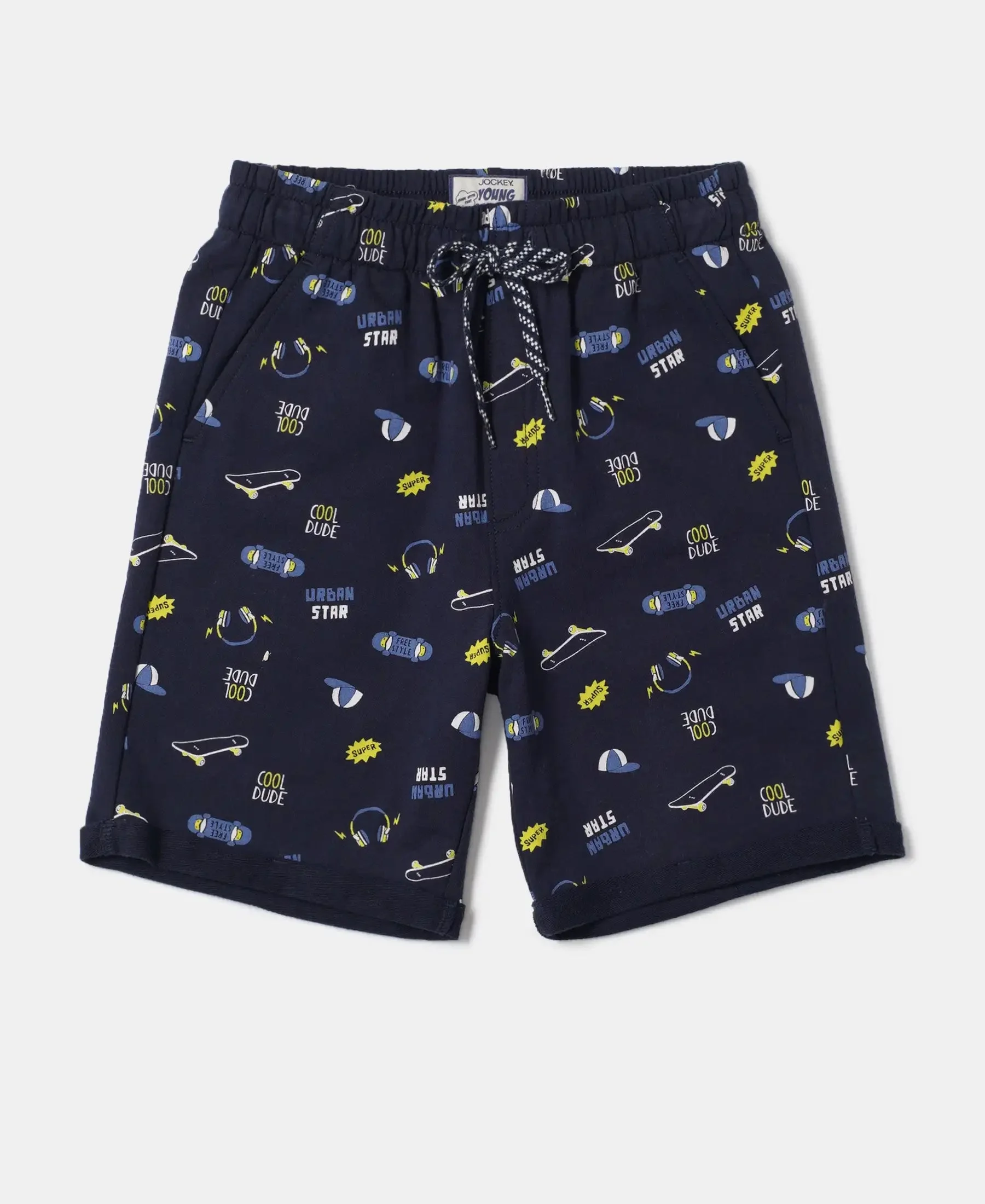 Boy's Super Combed Cotton French Terry Printed Shorts with Turn Up Hem Styling - Navy image 1