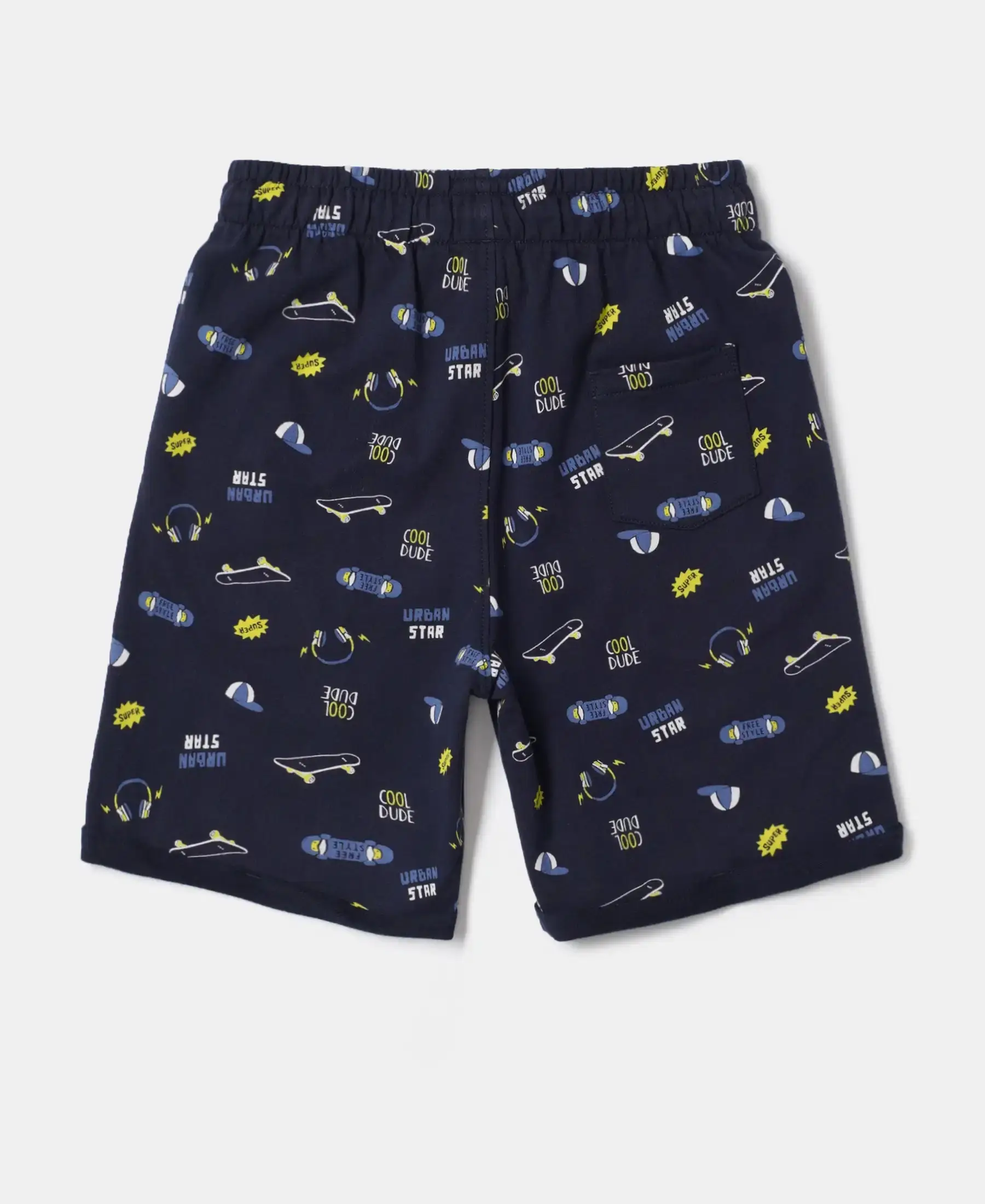Boy's Super Combed Cotton French Terry Printed Shorts with Turn Up Hem Styling - Navy view 2