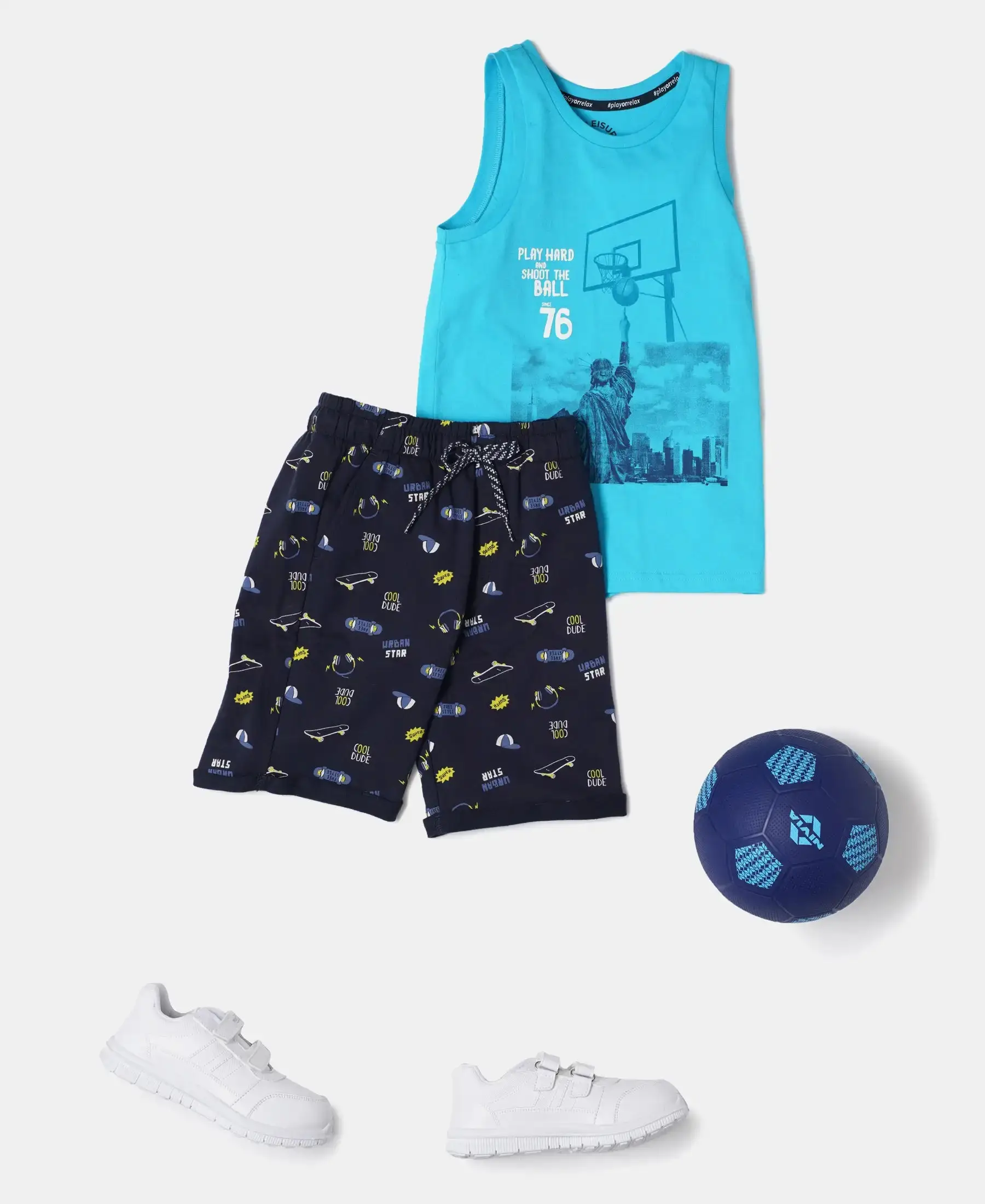 Boy's Super Combed Cotton French Terry Printed Shorts with Turn Up Hem Styling - Navy view 4