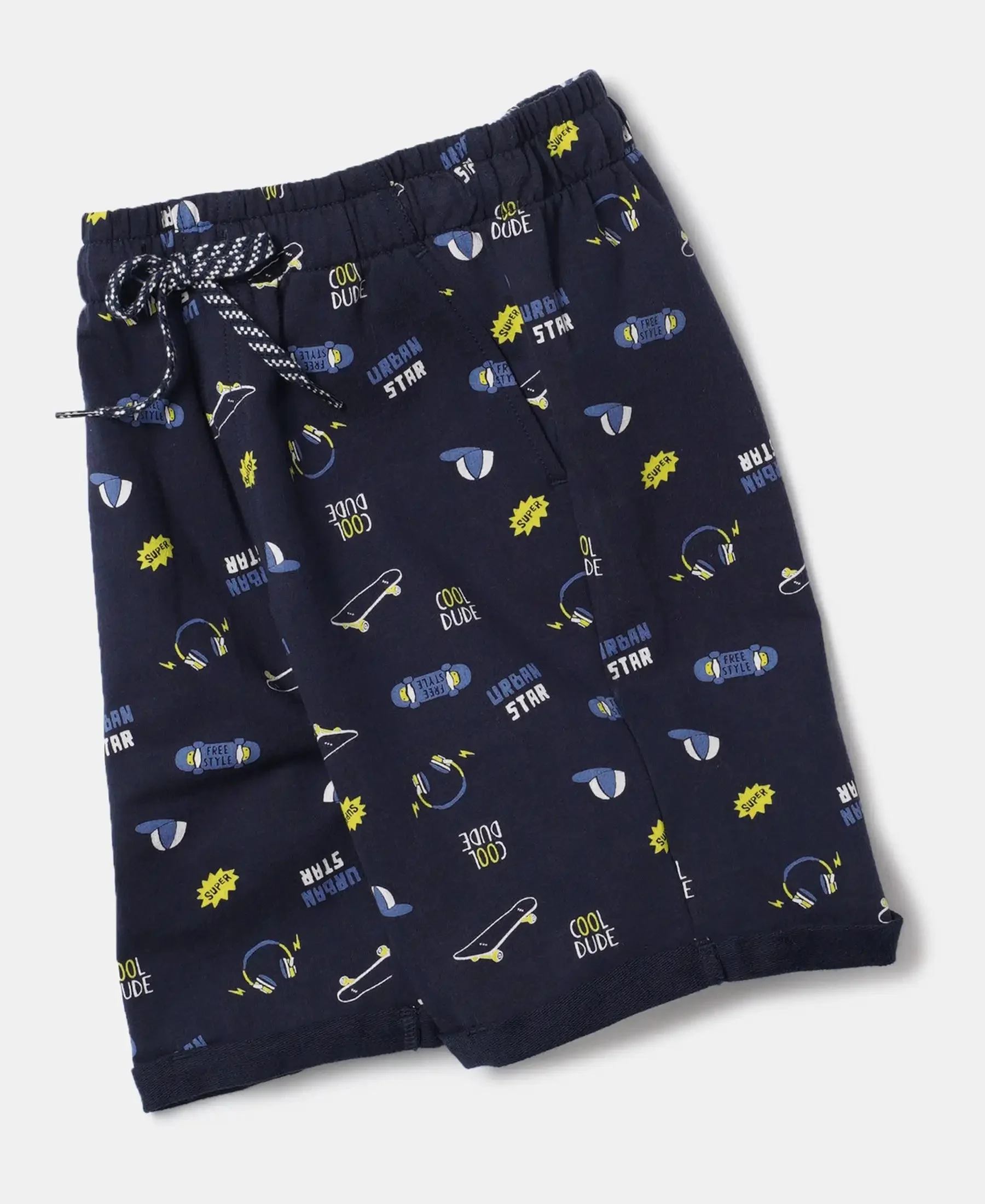 Boy's Super Combed Cotton French Terry Printed Shorts with Turn Up Hem Styling - Navy image 5